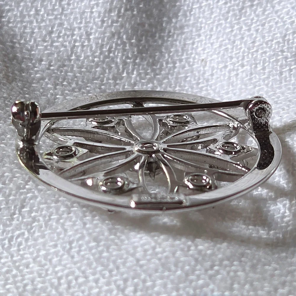Carl Art Vintage Brooch Sterling Silver Rhinestone Floral Unique Circle Pin